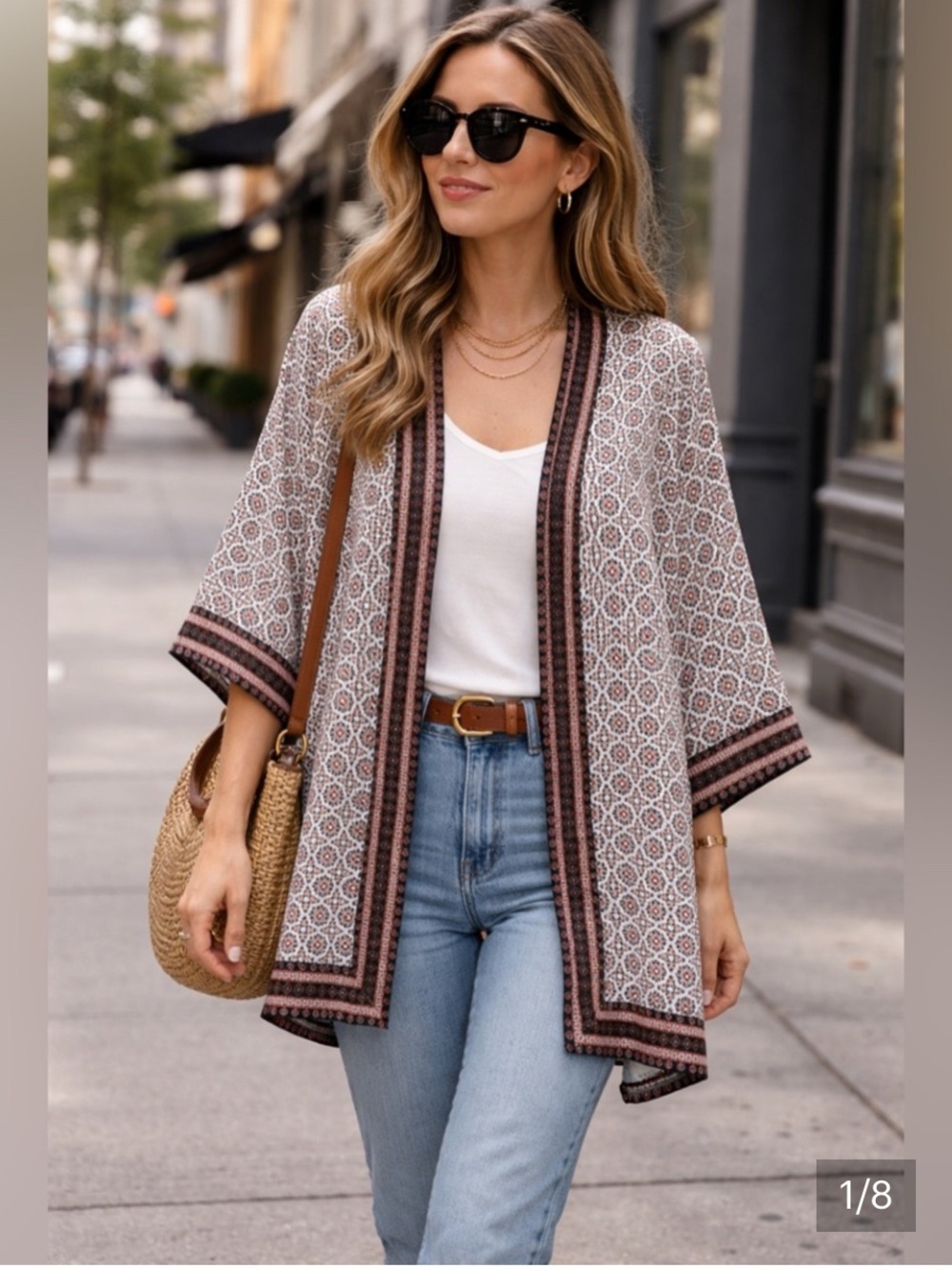 Max Studio Black, White & Orange Printed kimono Tunic M